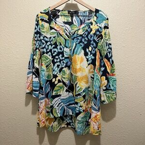 Melissa Paige Women L Tropical Tunic Bell Sleeve Cold Shoulder‎ Beach Resort Top